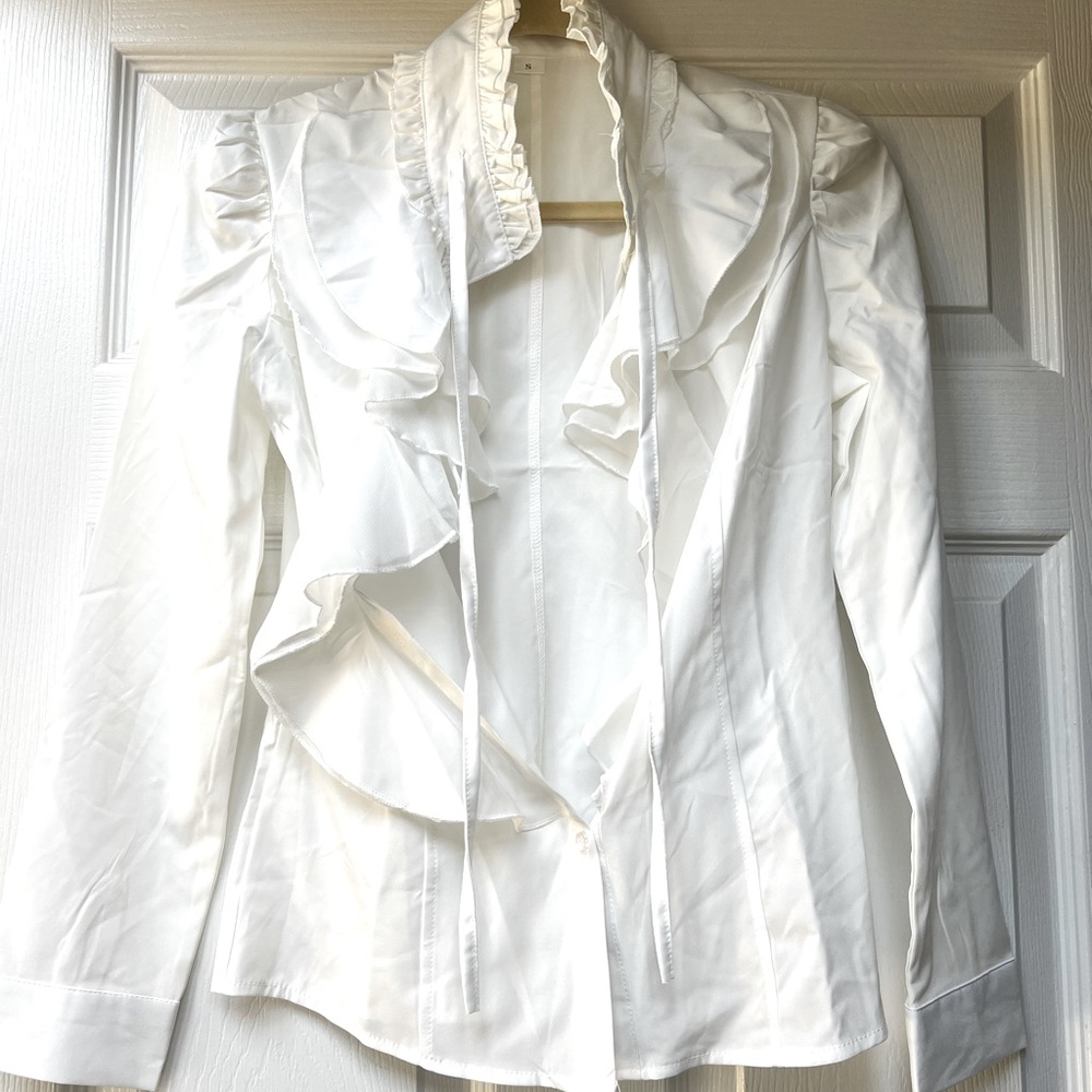 Never been worn! lightweight ruffle neck blouse. S. comes with festive broach!